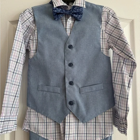 Kids Boys Size 8 Blue 4 Piece Suit Set: Vest, Plaid Dress Shirt Pants & Bow tie - Picture 2 of 3